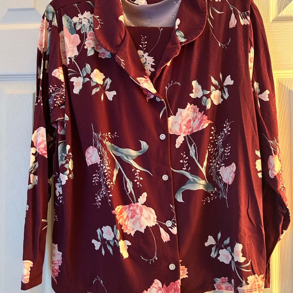 Flora Nikrooz burgundy, pink and green pajama set with Collar